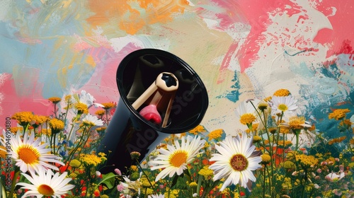 Create a composite photo collage featuring an angry female mouth with screaming lips, a megaphone, and chrysanthemum flowers against a painted background. The image should combine these elements in a  photo