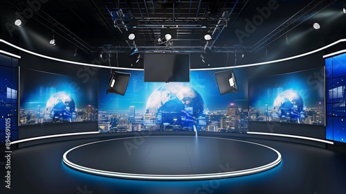 The television news studio features a large screen in the middle. photo