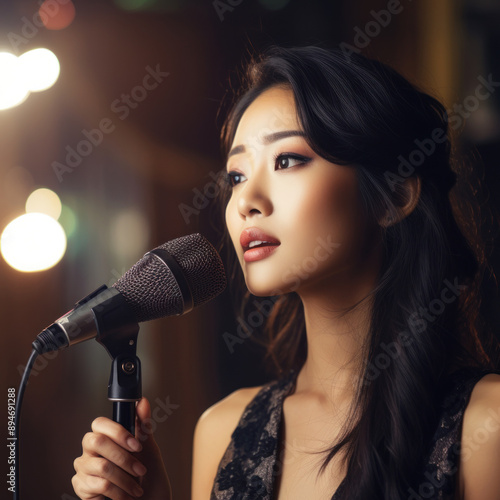 Interview with a Prominent Asian Female Celebrity Holding a Microphone