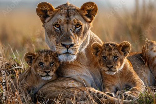 a lioness and her cubs lying in the grass