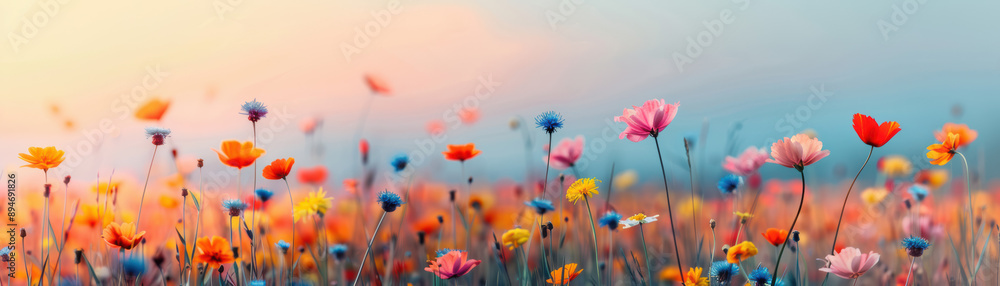 Vibrant wildflower meadow in full bloom under a colorful sunset sky, showcasing the beauty of nature and creating a serene, dreamy landscape. Vibrant wildflower meadow in full bloom under a colorful sunset sky, showcasing the beauty of nature and creating a serene, dreamy landscape.
