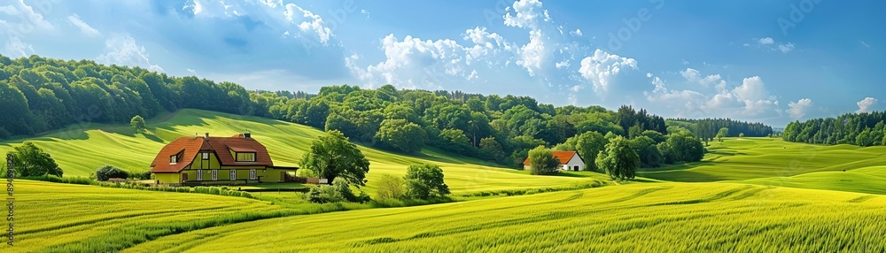 Picturesque green rural landscapes with rolling fields and quaint farmhouses, pastoral beauty, countryside living Picturesque green rural landscapes with rolling fields and quaint farmhouses, pastoral beauty, countryside living