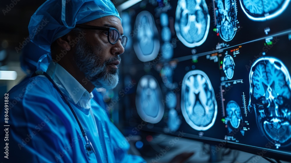 Surgeons discussing a case while examining medical scans on a digital display. Surgeons discussing a case while examining medical scans on a digital display.