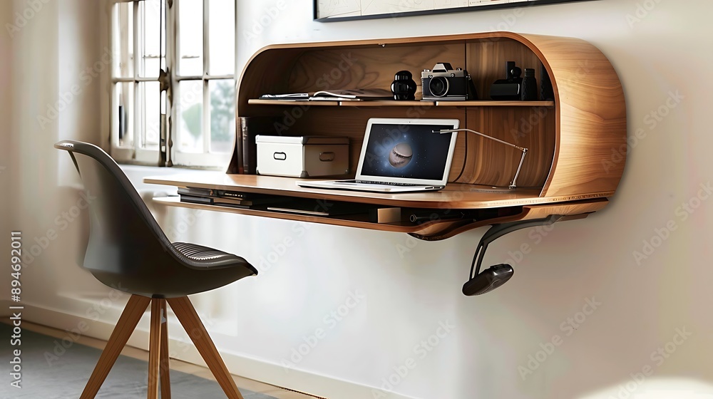 Naklejka premium Floating wall-mounted desk with built-in storage compartments in a minimalist office