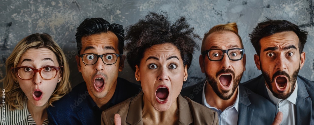 A diverse group of five people expressing shock and surprise with wide-open mouths and startled expressions against a textured backdrop. A diverse group of five people expressing shock and surprise with wide-open mouths and startled expressions against a textured backdrop.