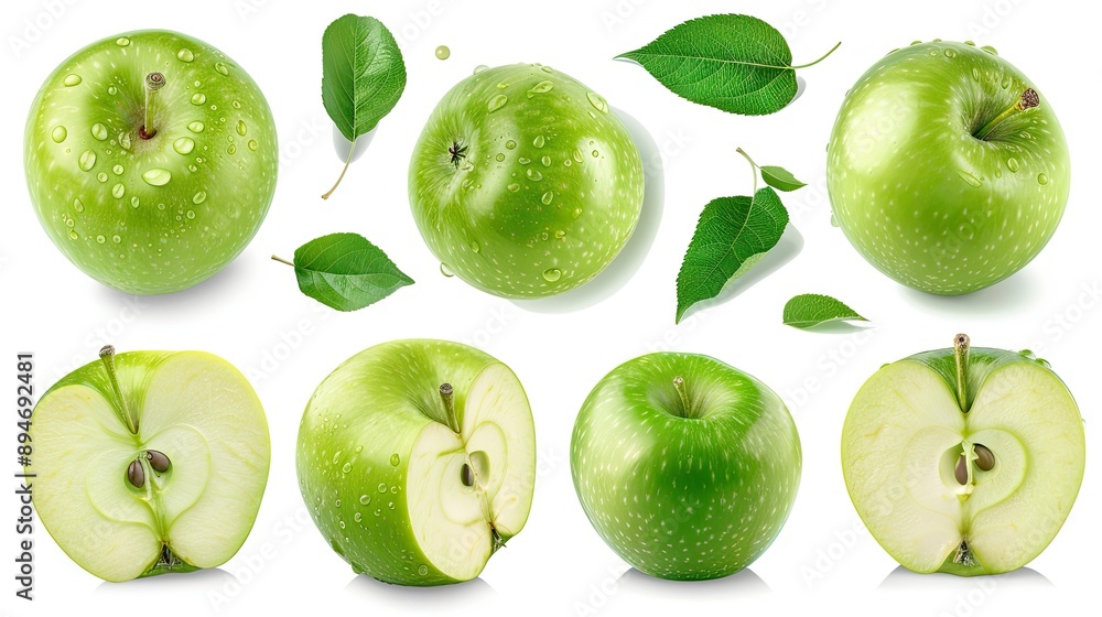 Green Apples with Water Drops and Leaves Green Apples with Water Drops and Leaves