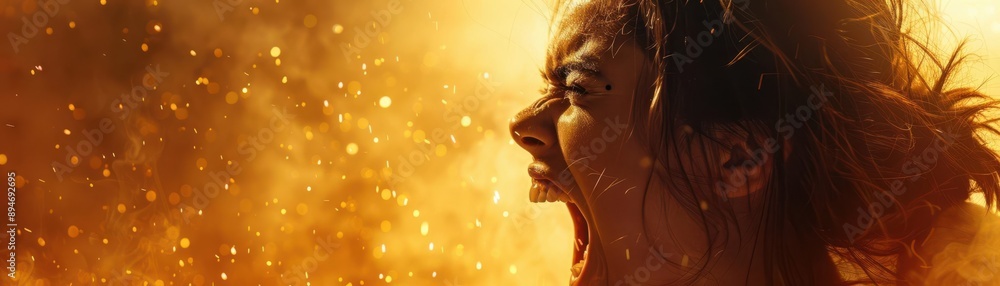 A dynamic portrait capturing the raw emotion and intensity of a woman expressing powerful feelings against a fiery backdrop. A dynamic portrait capturing the raw emotion and intensity of a woman expressing powerful feelings against a fiery backdrop.