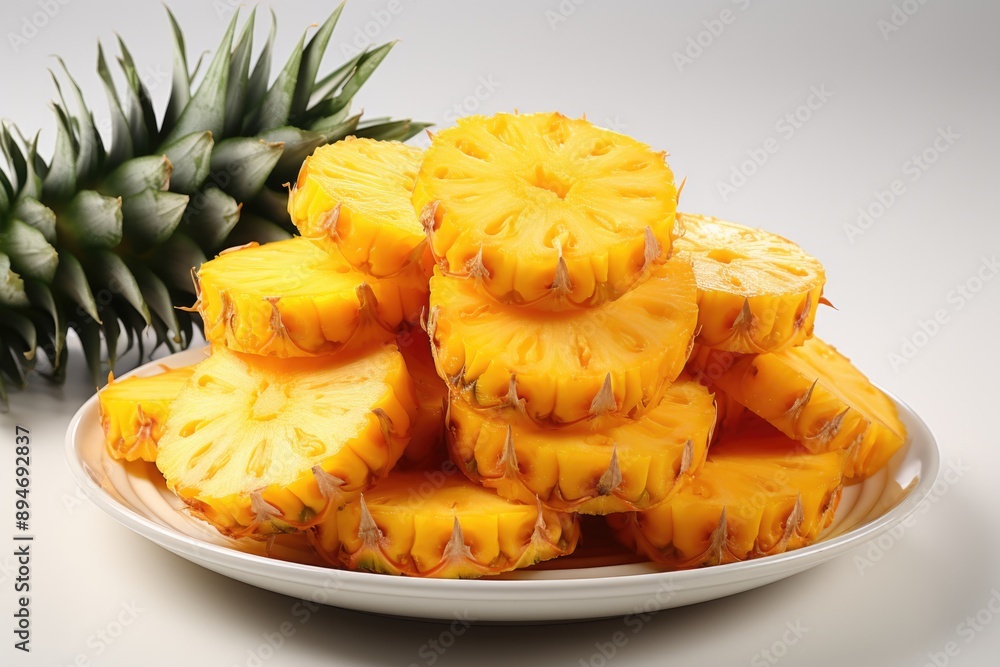 Pineapple slices isolated in the white background. mature pineapple., generative IA Pineapple slices isolated in the white background. mature pineapple., generative IA