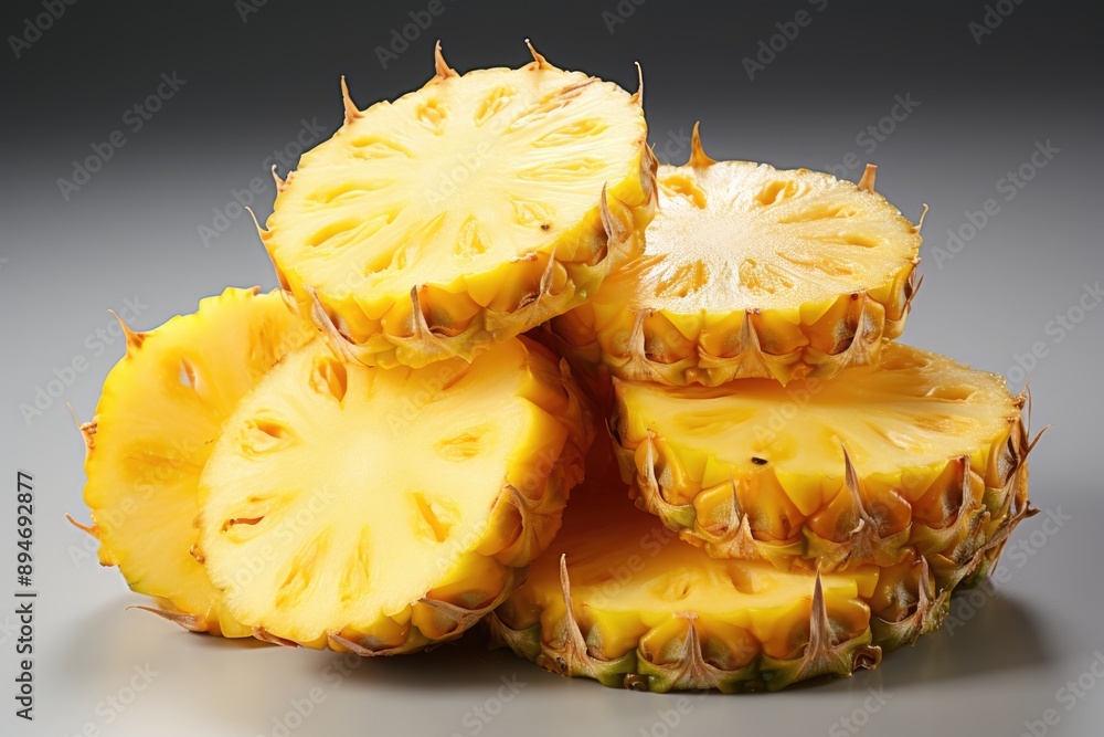 Mature pineapple slices and juicy isolated in a white background, generative IA Mature pineapple slices and juicy isolated in a white background, generative IA