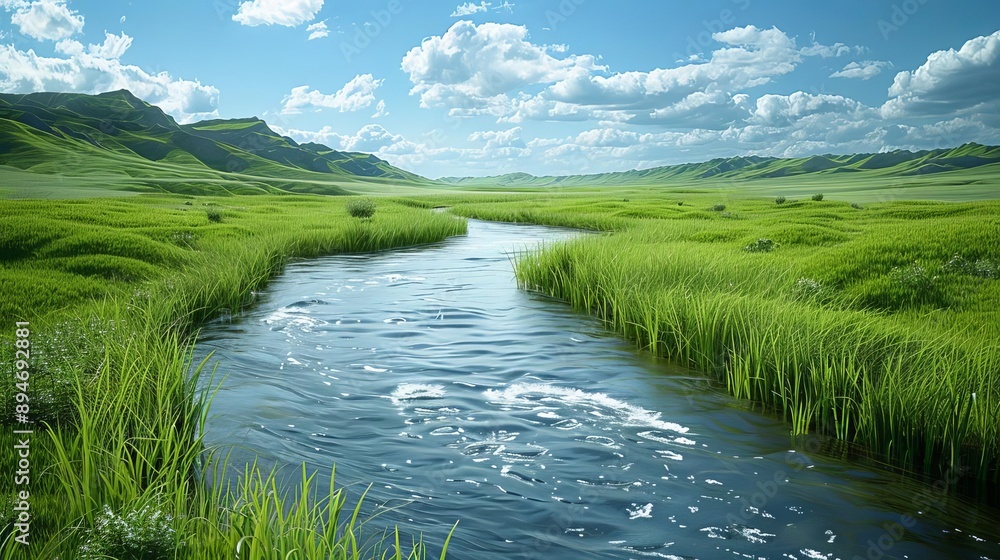 Fototapeta premium Tranquil green river valleys with flowing streams, peaceful landscapes, water and nature