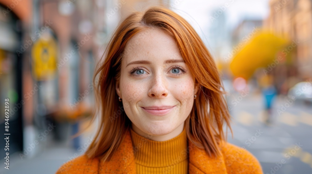 A Stylish Young Hipster Woman, Smiling With Colorful Hair, Wearing A Trendy Peach-Colored Coat A Stylish Young Hipster Woman, Smiling With Colorful Hair, Wearing A Trendy Peach-Colored Coat