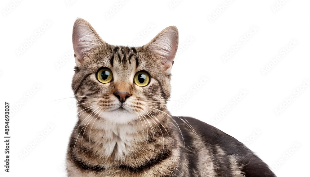 Fototapeta premium Closeup portrait happy cat sitting isolated on white background.