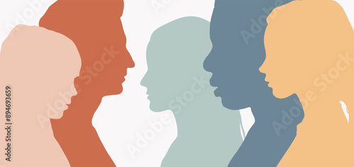 People profile silhouette. Family environment, mental development of child and teenager, racial equality, international family concept