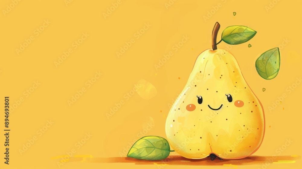 Illustrated pear with cute face, leaves, and yellow background. Whimsical and cheerful digital art perfect for children-oriented content. Illustrated pear with cute face, leaves, and yellow background. Whimsical and cheerful digital art perfect for children-oriented content.