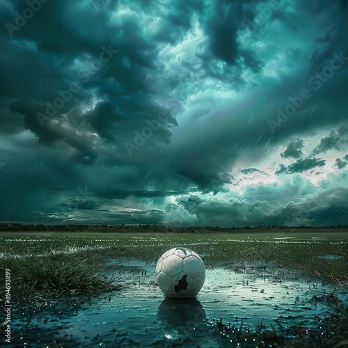 rainsoaked soccer field under dramatic stormy sky solitary ball on glistening grass puddles reflecting ominous clouds atmospheric scene of suspended action photo