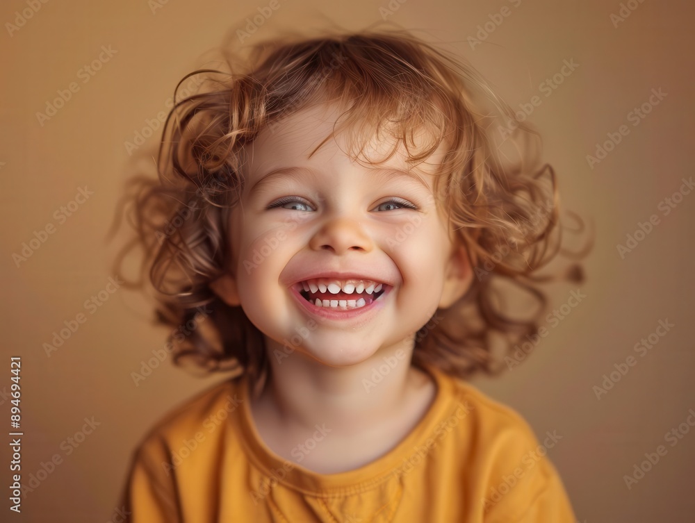 A joyful child with curly hair smiles widely, radiating happiness and innocence against a warm, neutral background. A joyful child with curly hair smiles widely, radiating happiness and innocence against a warm, neutral background.