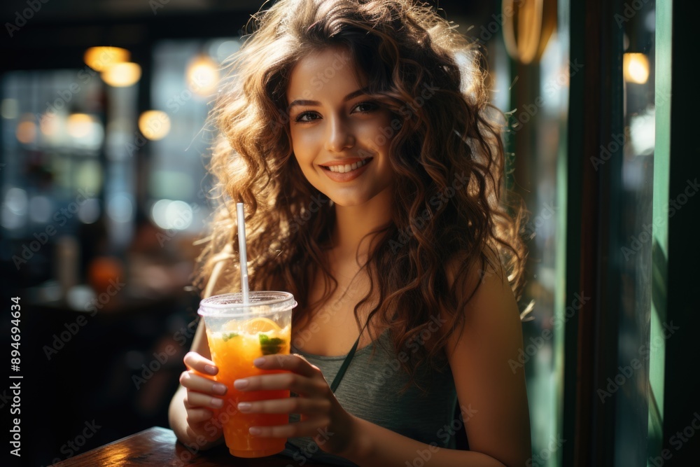 Smiling Woman with a side sight with pineapple float, generative IA Smiling Woman with a side sight with pineapple float, generative IA