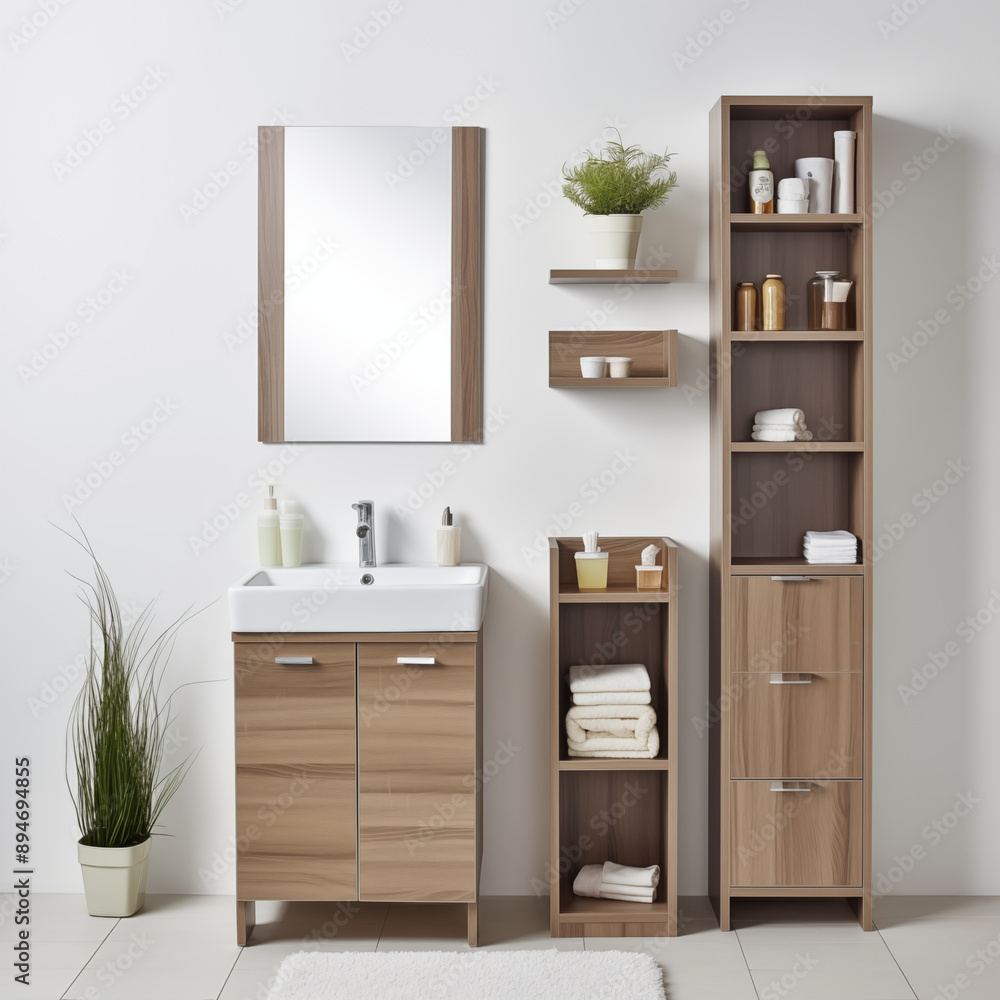 Modern Bathroom Interior Design with Wooden Cabinets Sink Mirror and Towels Modern Bathroom Interior Design with Wooden Cabinets Sink Mirror and Towels