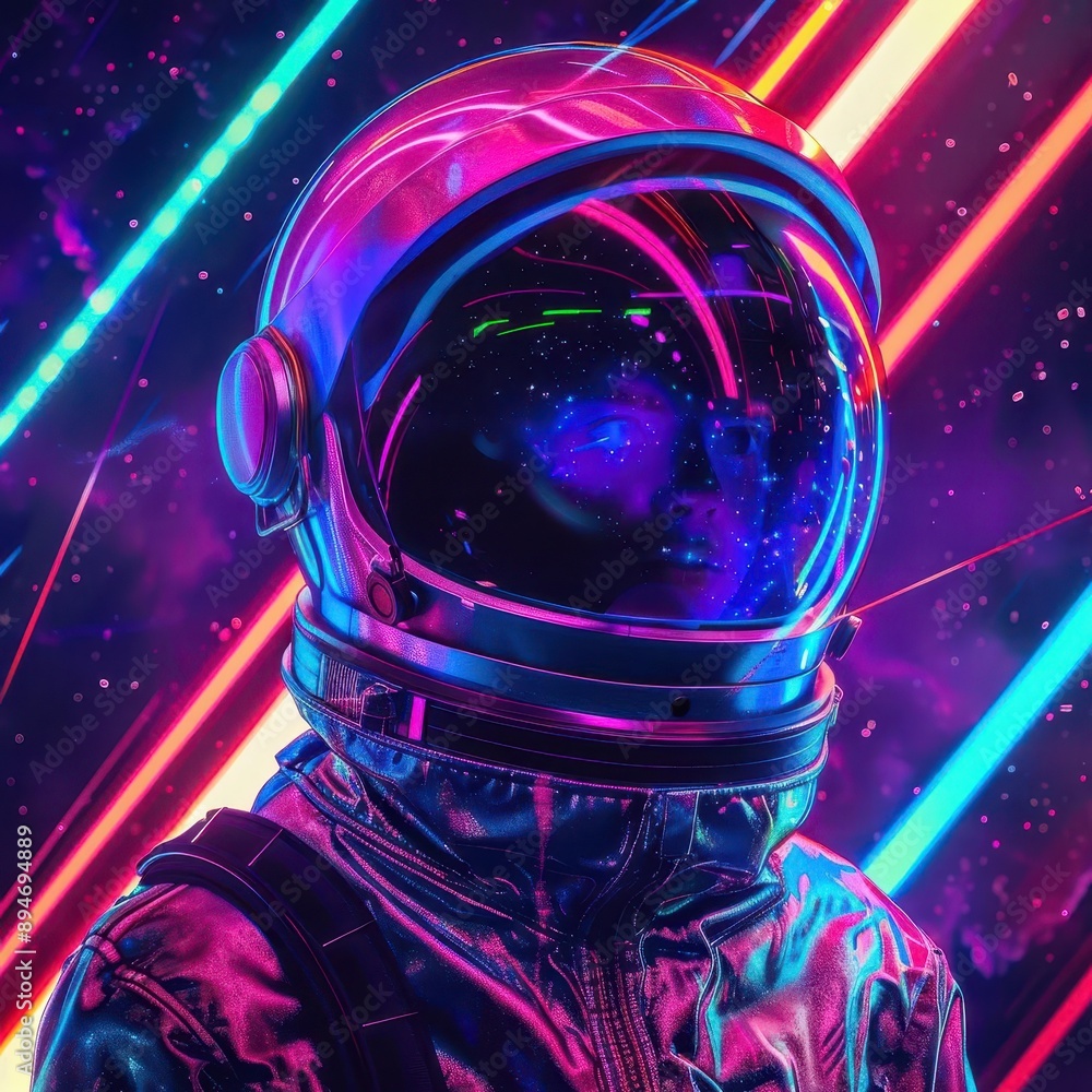 retrofuturistic space explorer in iridescent spacesuit surrounded by neon tube lights forming cosmic patterns helmet visor reflects a psychedelic nebula blending 80s aesthetics with scifi wonder retrofuturistic space explorer in iridescent spacesuit surrounded by neon tube lights forming cosmic patterns helmet visor reflects a psychedelic nebula blending 80s aesthetics with scifi wonder