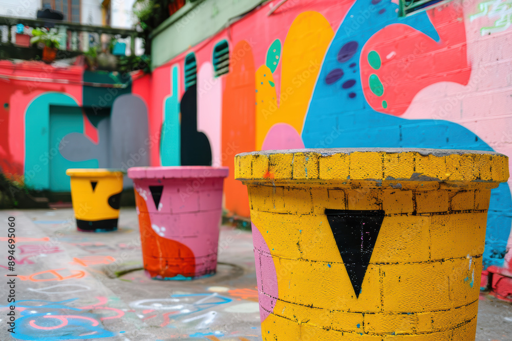 Fototapeta premium Vivid urban street art mural with colorful painted walls and vibrant outdoor decorations creating an energetic, artistic ambiance in a city alley.