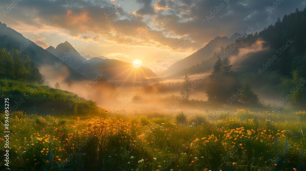 Mountain valley during sunrise. Natural summer landscape Mountain valley during sunrise. Natural summer landscape