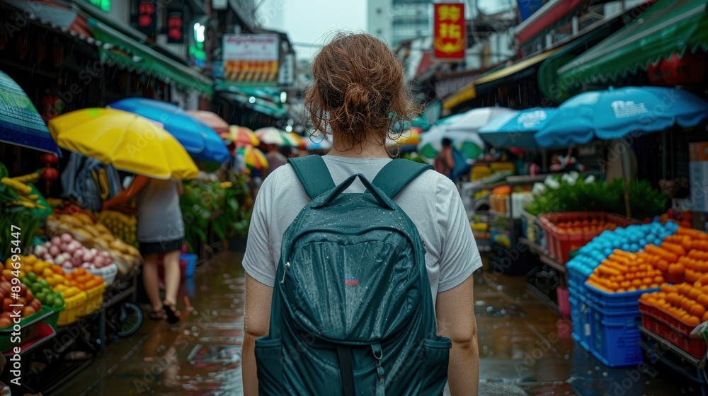 A Woman Walking Down The Famous Yaowarat Street In Chinatown, Bangkok, Soaking In The Lively Atmosphere A Woman Walking Down The Famous Yaowarat Street In Chinatown, Bangkok, Soaking In The Lively Atmosphere