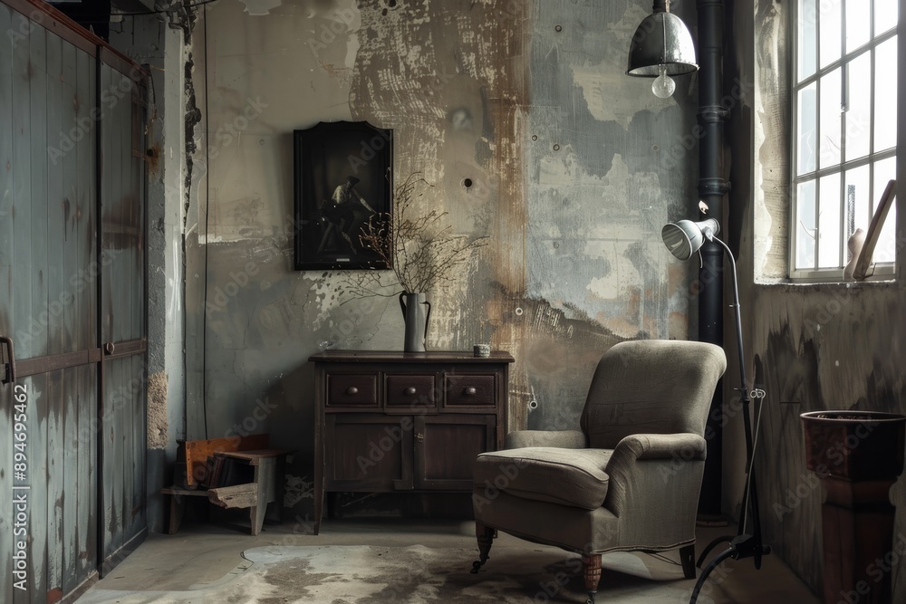 interior of an old abandoned room with an armchair and a lamp interior of an old abandoned room with an armchair and a lamp