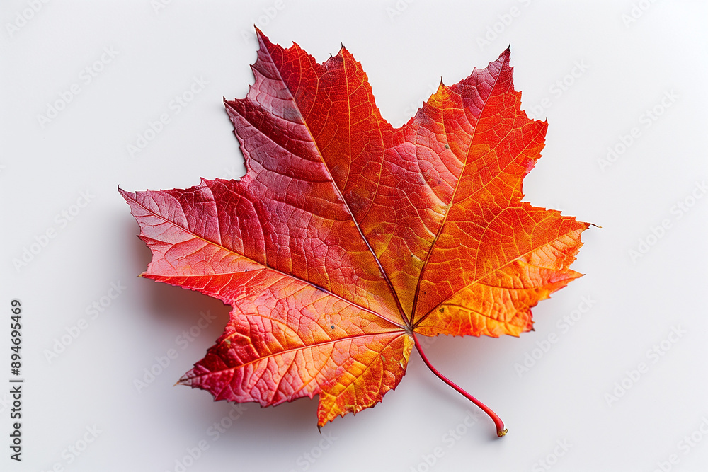 Crisp autumn leaf ablaze in brilliant red and orange hues perfectly symbolizes New Englands September forests isolated on a white background, top view Crisp autumn leaf ablaze in brilliant red and orange hues perfectly symbolizes New Englands September forests isolated on a white background, top view