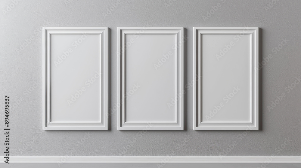 Minimalistic set of three white picture frames on a gray wall, perfect for art gallery or modern home interior decor. Minimalistic set of three white picture frames on a gray wall, perfect for art gallery or modern home interior decor.