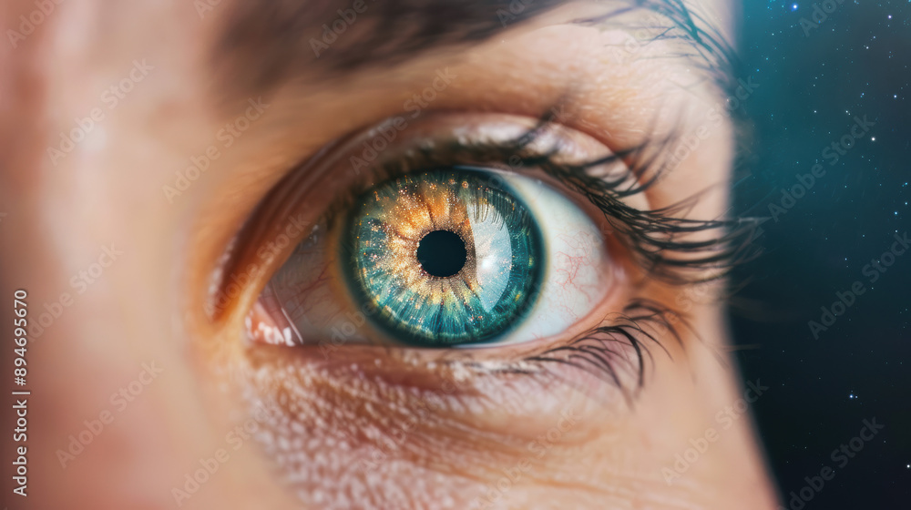 Fototapeta premium Close-up of a human eye with vibrant colors and intricate details, showcasing the beauty and complexity of the human eye. Perfect for medical and artistic use.