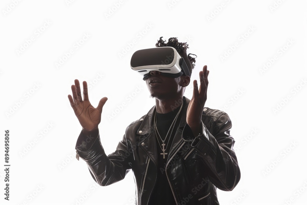 Playing video games with a virtual reality headset, and touching something with his hands in the metaverse Playing video games with a virtual reality headset, and touching something with his hands in the metaverse