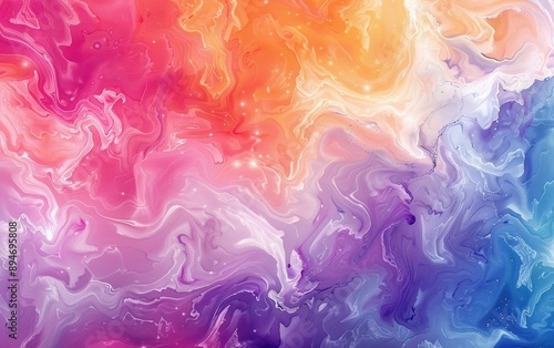 Vivid abstract painting with vibrant swirls of pink, orange, purple, and white, creating a dynamic and colorful artistic background. © tonstock