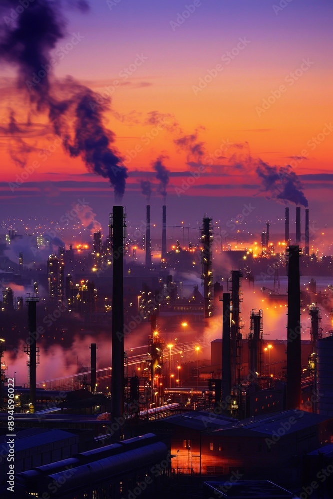 Obraz premium A sprawling industrial district as twilight sets in, with the sky painted in deep oranges and purples. Factory chimneys and complex machinery are silhouetted against the sky