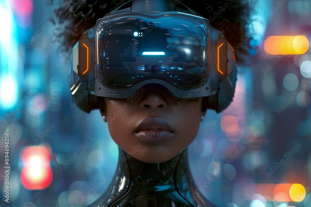 A beautiful african american woman wearing virtual reality glasses in the city. A beautiful african american woman wearing virtual reality glasses in the city.