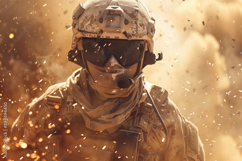 A soldier wearing virtual reality glasses. Conceptual image of military VR technology A soldier wearing virtual reality glasses. Conceptual image of military VR technology