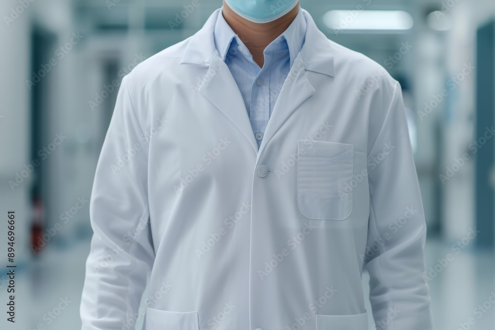 Medical professional in white lab coat and mask standing indoors in a clean, sterile environment. Healthcare, safety, and hygiene are emphasized. Medical professional in white lab coat and mask standing indoors in a clean, sterile environment. Healthcare, safety, and hygiene are emphasized.