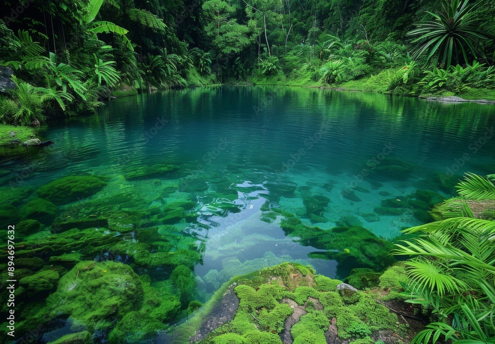 A tranquil lagoon surrounded by vibrant green foliage and exotic plants A tranquil lagoon surrounded by vibrant green foliage and exotic plants