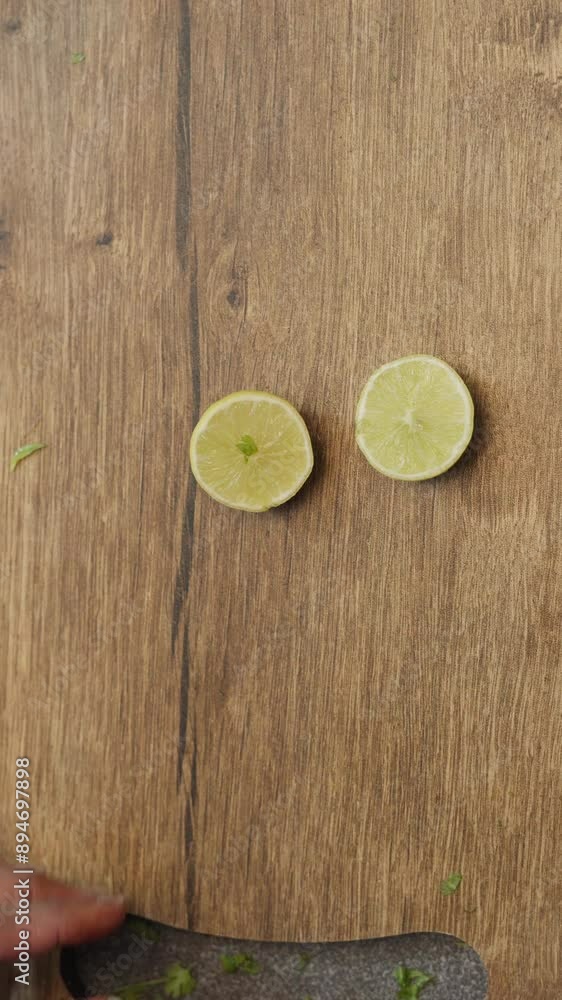 Cutting a piece of lemon on chopping board, lemon chopped on a chopping board. Cutting a piece of lemon on chopping board, lemon chopped on a chopping board.