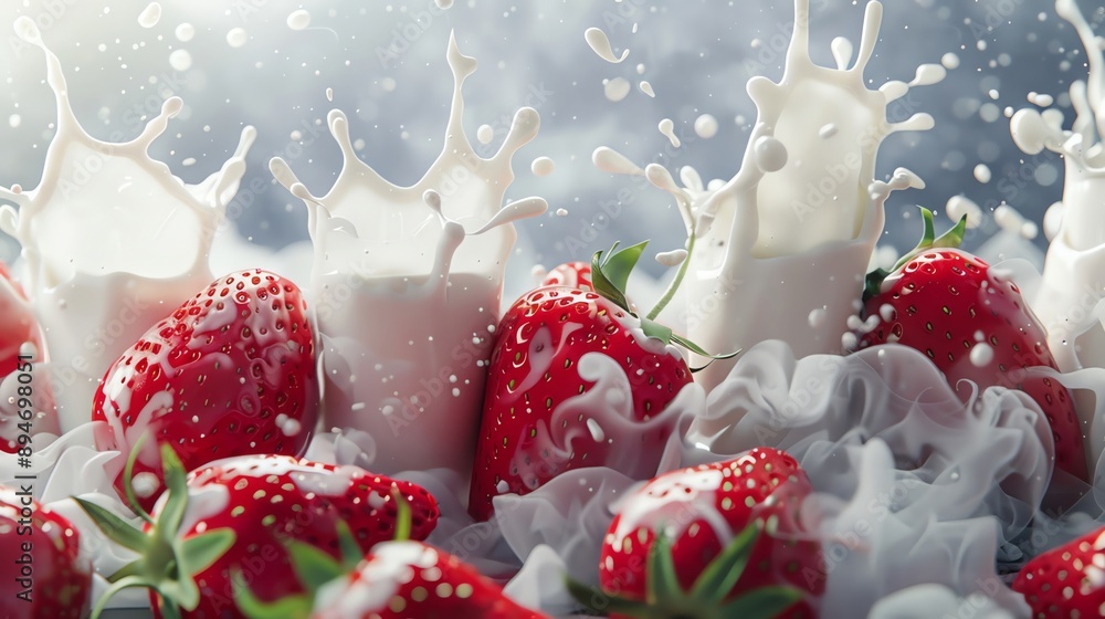 Creative milk splash with plenty of copy space, featuring strawberries and smoke for a vibrant, eyecatching background Creative milk splash with plenty of copy space, featuring strawberries and smoke for a vibrant, eyecatching background