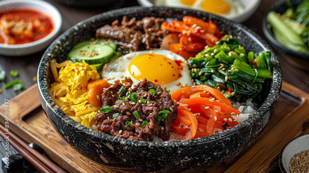A colorful bowl of halal bibimbap with mixed vegetables, beef, a fried egg, and gochujang sauce, A colorful bowl of halal bibimbap with mixed vegetables, beef, a fried egg, and gochujang sauce,