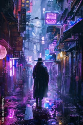 Rain-soaked Alleyway. A narrow alleyway in a bustling city, drenched in rain. Neon signs and streetlights cast vibrant reflections on the wet pavement. A lone figure in a trench coat walking alone.