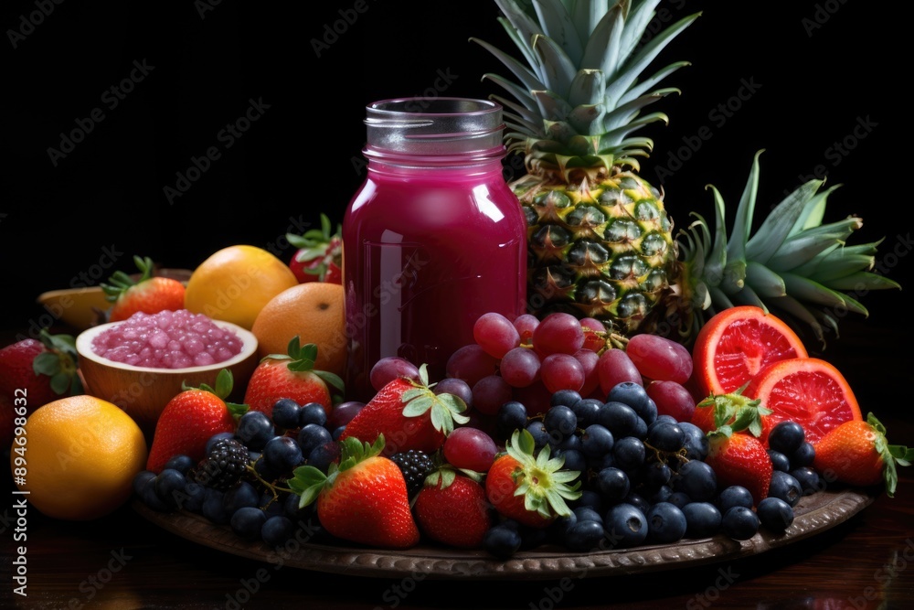 Grape Strawberries pears pineapple and juice bottle against black background, generative IA Grape Strawberries pears pineapple and juice bottle against black background, generative IA