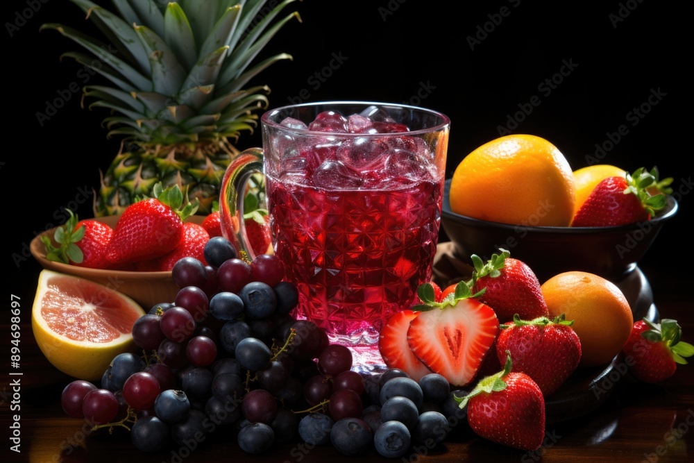 Grape Strawberries pears pineapple and juice bottle against black background, generative IA Grape Strawberries pears pineapple and juice bottle against black background, generative IA
