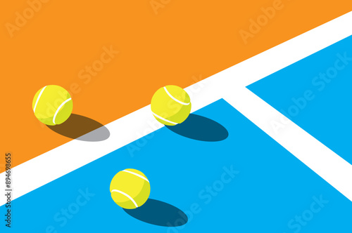 some tennis balls resting on the lines of the edges of the court
