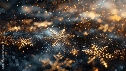 Stunning close-up of golden snowflakes glittering on a dark background, perfect for capturing the magical essence of the holiday season. photo