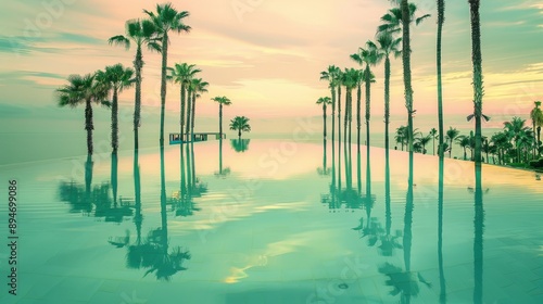 Serene Tropical Infinity Pool at Sunset with Palm Tree Silhouettes