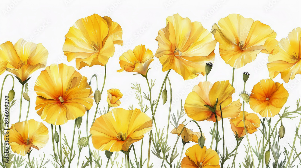 Watercolor painting featuring a vibrant array of yellow california poppies, their delicate petals unfurling against a clean white backdrop Watercolor painting featuring a vibrant array of yellow california poppies, their delicate petals unfurling against a clean white backdrop