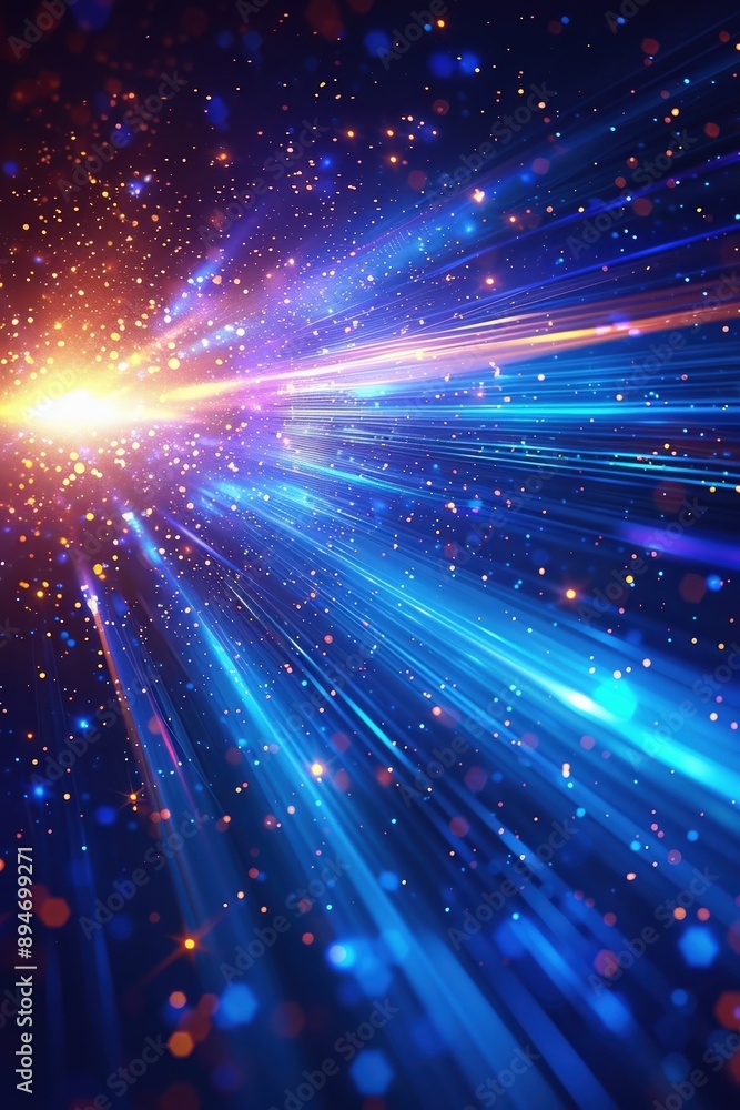 Fototapeta premium A mesmerizing display of vibrant light beams and particles creating a dynamic, abstract space-like scene, perfect for futuristic and cosmic themes.
