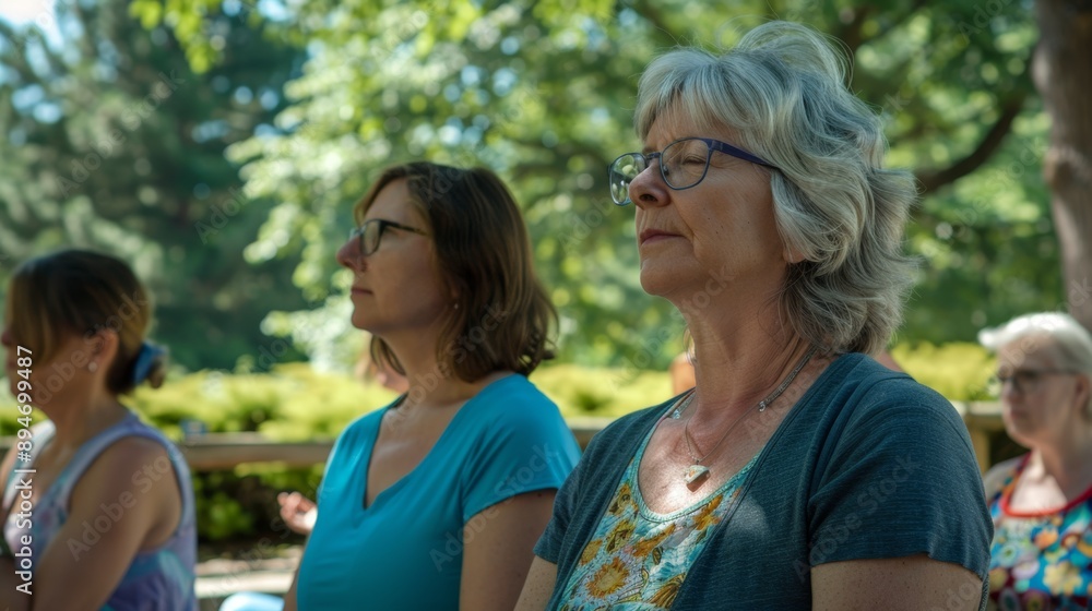 Serene Elderly Woman Meditating in Peaceful Outdoor Yoga Class Serene Elderly Woman Meditating in Peaceful Outdoor Yoga Class