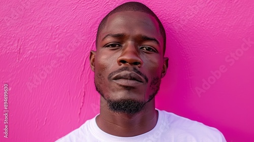 An African Man In A Crisp White Tee, Striking A Confident Pose Against A Bold Pink Wall